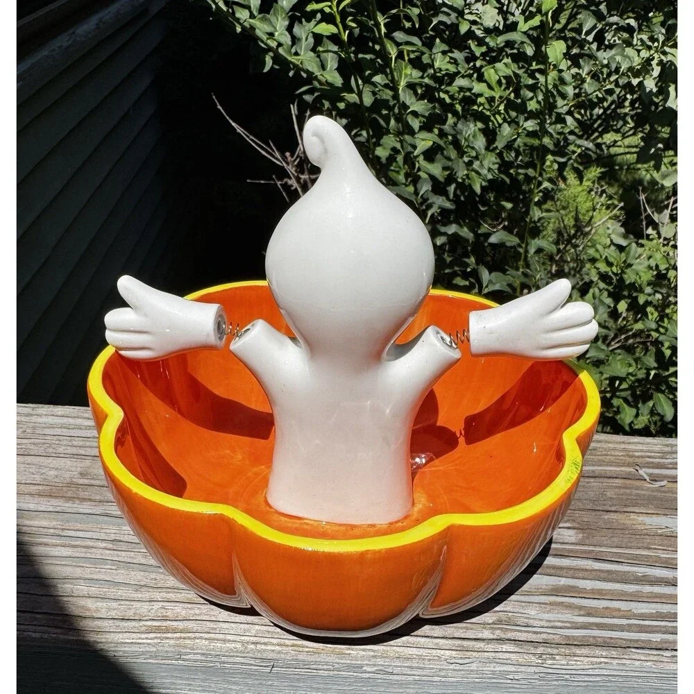 VTG Department 56 Halloween Ghost in Pumpkin Candy Dish Bowl Jiggle Spring Arms